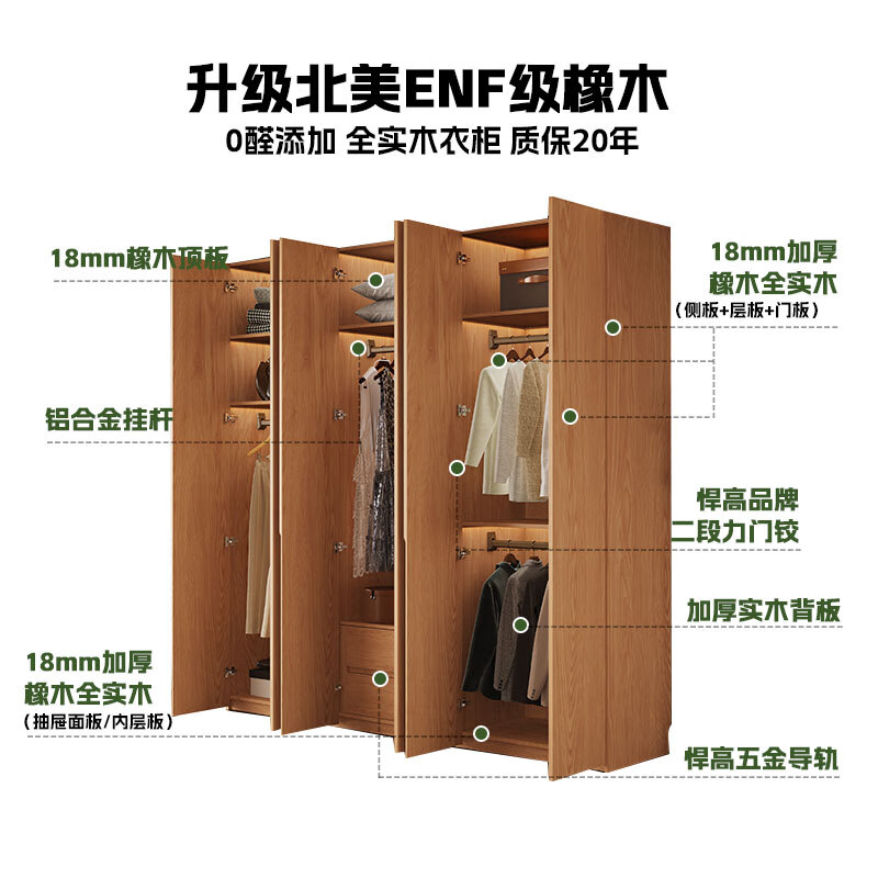 Jian Mu 0 aldehyde wardrobe customized 100% pure solid wood one door to top oak wardrobe bedroom home master bedroom handle free wardrobe 2.2 meters six door wardrobe 2.1 meters high one cabinet to top