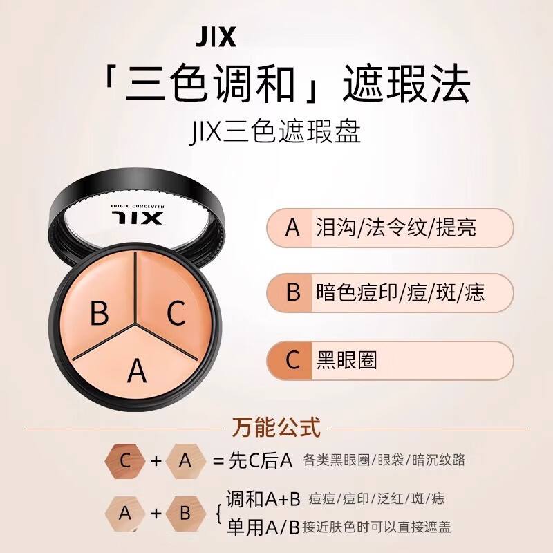 JIX Direct Sales JIX Korean Three-Color Concealer Palette Dark Circles Waterproof Covers Acne Spots Brightening and Repairing JIX Three-Color Concealer Palette 15g*1