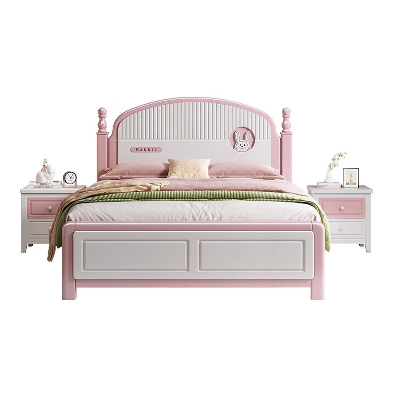 Oka Star solid wood children's bed 1.2m1.5m pink girl princess bed baby girl bedroom furniture cute single bed bed+20cm latex spring mattress+bedside table*2 1500*1900