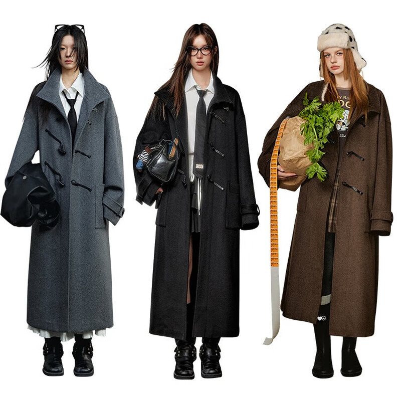 UNIFREE Stand Collar Woolen Coat Women's Autumn and Winter College Horn Buckle Loose Long Over-the-Knee Versatile Jacket Black L