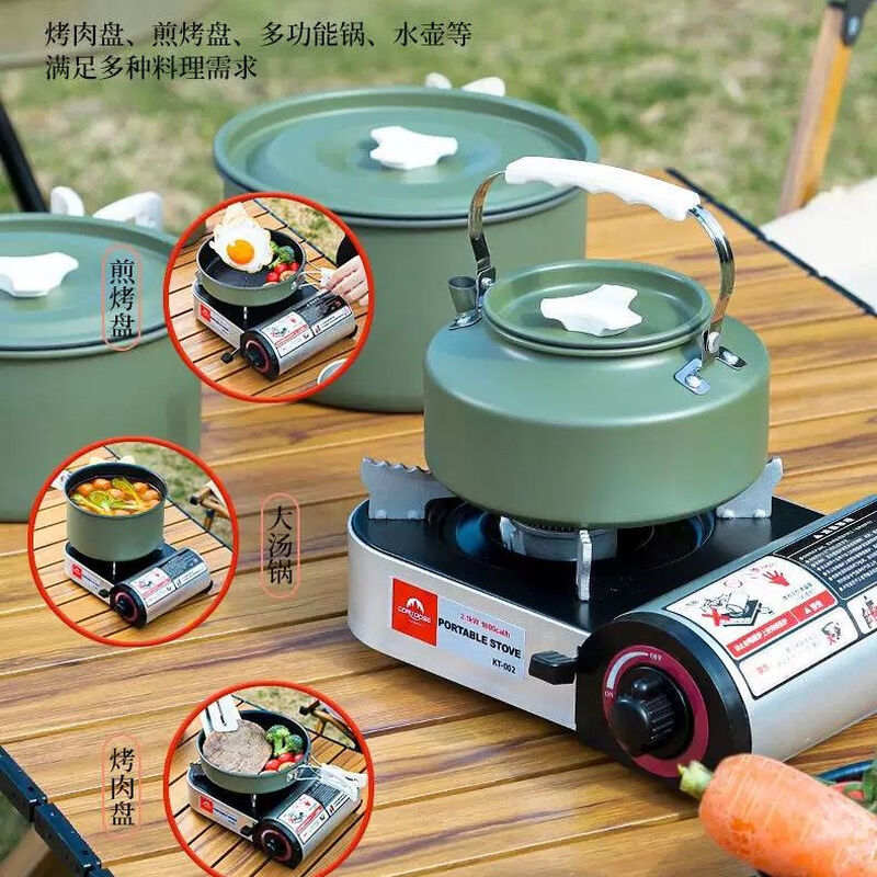 Pot set, outdoor cooking tool, five-piece outdoor camping pot set, three-piece kettle set for travel, medium khaki cooking pot + free mesh bag