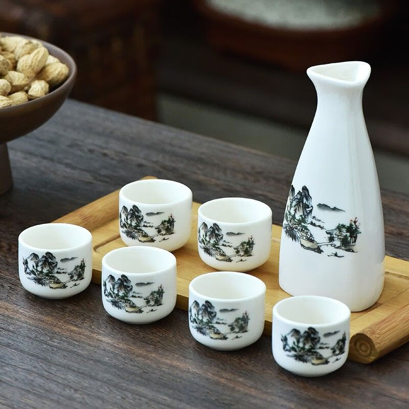 Ceramic wine set antique ceramic wine set simple wine divider white wine cup yellow wine cup green wine set Japanese hot wine Chinese knot-safe packaging one pot two cups
