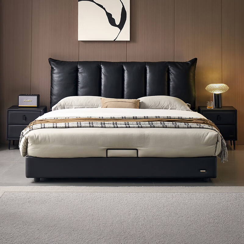 Quanyou Home Italian light luxury leather bedside soft cover master bedroom first floor cowhide art bed 1.8 meters 2 meters double bed