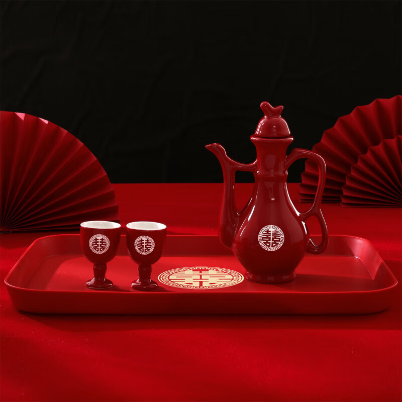 Qinkai Wedding Toast Cup Wedding Banquet Ceramic Wine Pot Chinese Wedding Cup Wine Divider Festive Set Chinese Red Wine Set Gold Bottom Grand Birthday 1 Pot + 2 Cups + Round Tray