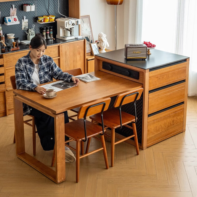 His Highness Home Nordic solid wood island dining table integrated cherry wood kitchen small apartment slate bar cabinet Japanese storage sideboard large black slate island dining table + 4 Jacques dining chairs