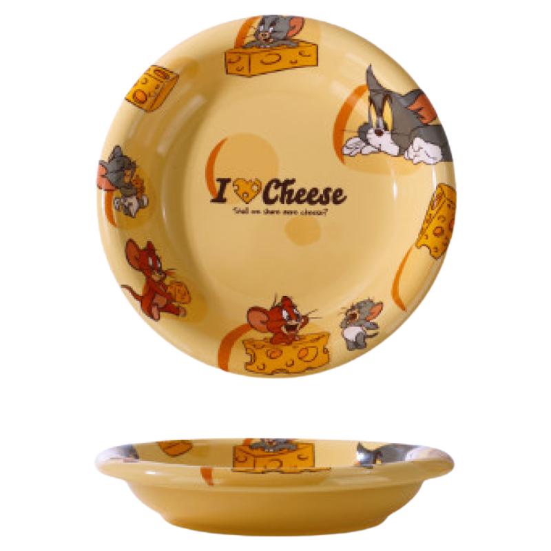 Tom and Jerry ceramic tableware plate, genuine round plate, high-looking dish plate, children's rice bowl, microwaveable home dining plate, Tom and Jerry Qiming 8-inch Dundun round plate-yellow