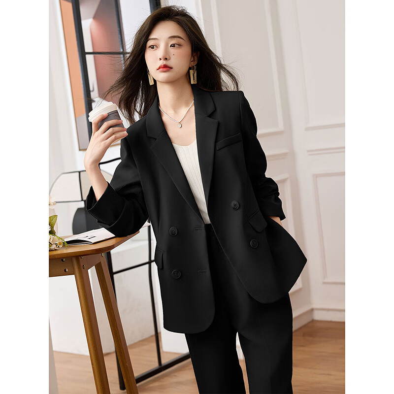 Awakening Paradise Double-breasted Loose Suit Casual Pants Two-piece Spring and Autumn Style Small Suit Pants Set Black L