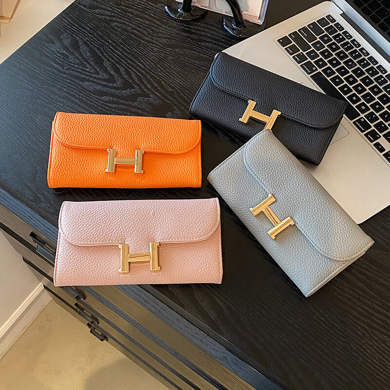 Kangaroo Wallet Long Litchi Pattern Women's Fashion Versatile Covered Wallet Wallet with Large Capacity and Multiple Card Slots Trendy Black