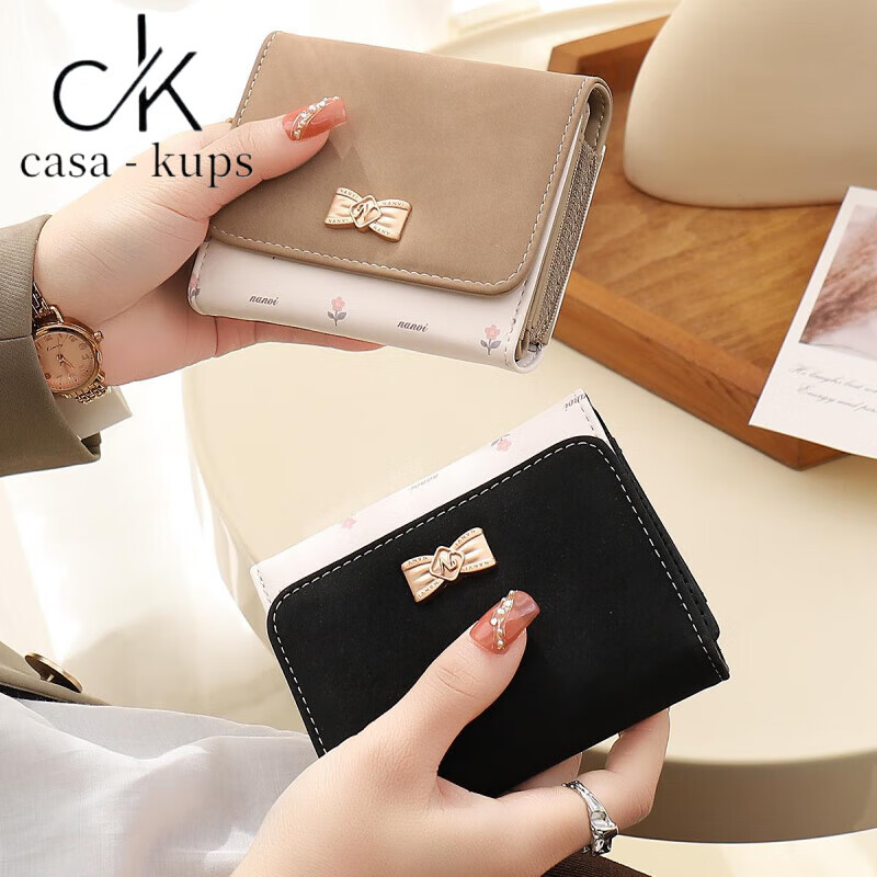 Casa-kupsCK wallet female 2025 Chinese Valentine's Day student small wallet folding Korean style bow short card holder coin purse light pink