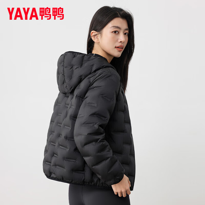 YAYA Lightweight Down Jacket Women's Short 2025 Autumn and Winter New Fashion Casual Hooded Versatile Warm Jacket KL Black M