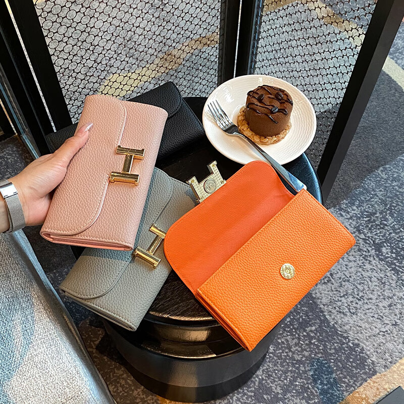 Kangaroo Wallet Long Litchi Pattern Women's Fashion Versatile Covered Wallet Wallet with Large Capacity and Multiple Card Slots Trendy Black