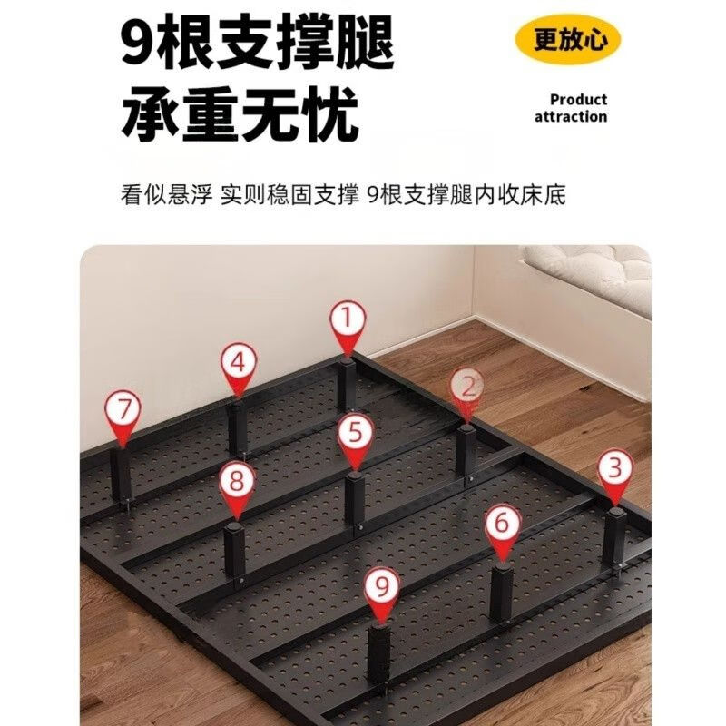 Cheng Guanyu SF Express comes to your door Modern simple 1.8m double iron bed Stainless steel iron frame bed suspended bed frame cool black waffle soft package suspended bed 1.8m*2.0m