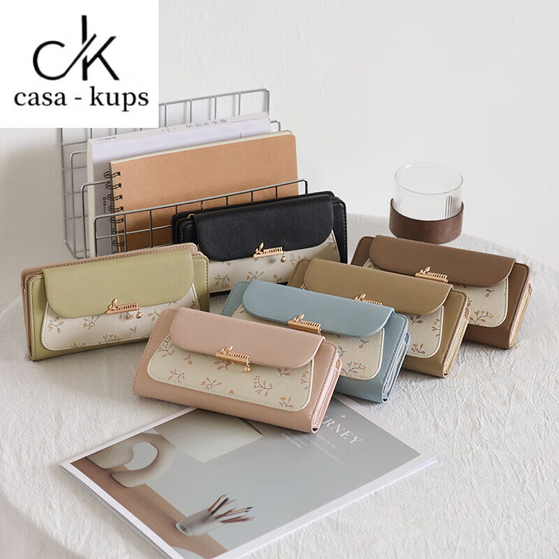 Casa-kupsCK small fresh printed long pink wallet for women 2025 new large capacity folding card bag women's clutch pink