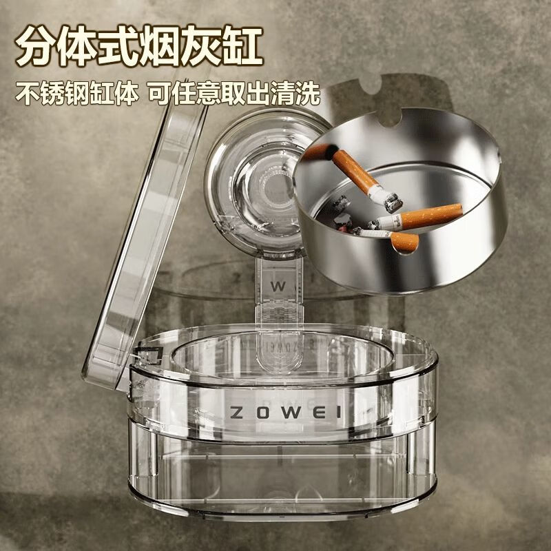Suction cup ashtray stainless steel hanging balcony with cover to prevent dust flying toilet bathroom wall hanging cigarette box cigarette placement rack transparent gray 2 pieces