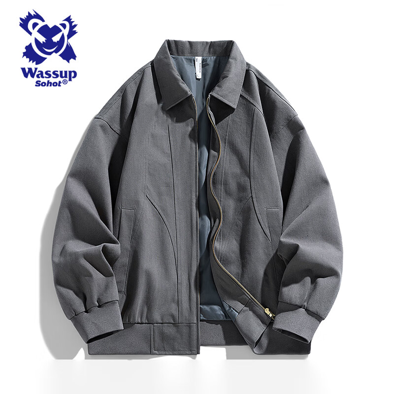 Wassup Sohot Jacket Men's Autumn and Winter Pure Cotton Washed Retro Jacket Men's Slim Lapel Work Jacket Black M
