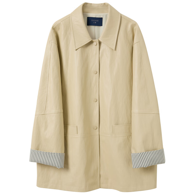 Sancai 2025 Autumn New Leather Jacket PU Leather Jacket Casual Lapel Dropped Shoulder Sleeves Loose Mid-Length Cardigan M Khaki M 160/84A The version is loose and can be photographed appropriately