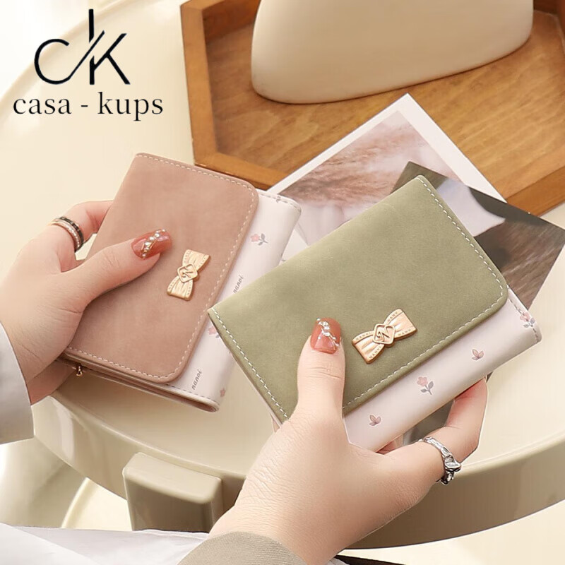 Casa-kupsCK wallet female 2025 Chinese Valentine's Day student small wallet folding Korean style bow short card holder coin purse light pink