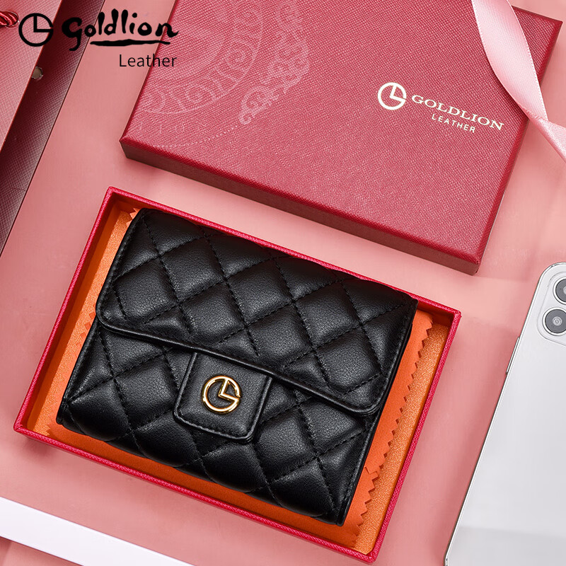 Goldlion Genuine Leather Women's Wallet Women's Light Luxury Short Wallet High-end Brand Wallet 2025 New Girl's Cowhide Ticket Holder Officially Authorized One Count for Fake and Ten Penalty Exquisite Gift Box