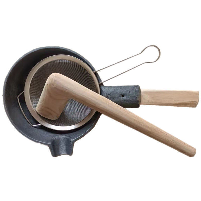 FANCYCHIC old-fashioned Gongcheng Guanyang oil tea pot complete set of tools solid wood hammer tea partition full set oil tea pot set three-piece set (open pot) + stainless steel partition + oil tea hammer diameter 22 thickened flat bottom single pot