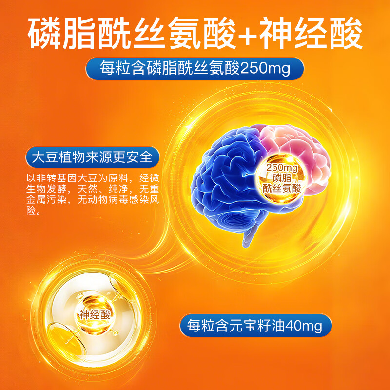 Baishi drops of DHA seaweed oil for infants, young children and students memory DHA high content algae oil dha imported from New Zealand non-soft capsules DHA+PS *60 capsules (orange flavor)