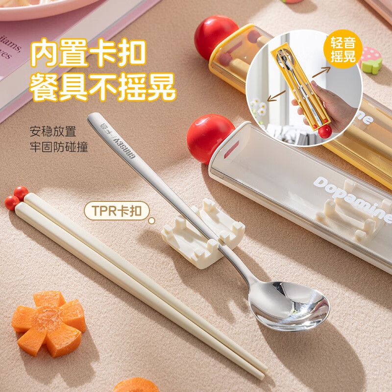 Guangyi Chopsticks and Spoon Set Portable Storage Box for One Person Student Portable Tableware Chopstick Box Single Pack 304 Dopamine Transparent Portable 3-piece Set White