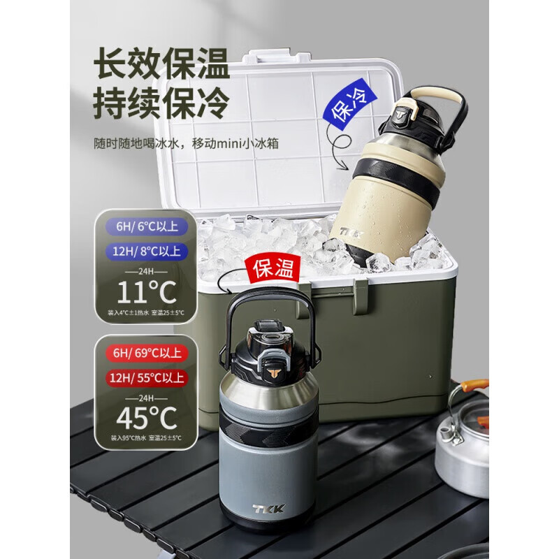 TKK thermos cup large capacity 1000ml portable men's 316 stainless steel food grade sports water bottle 1000ml leopard black + double drinking lid + strap