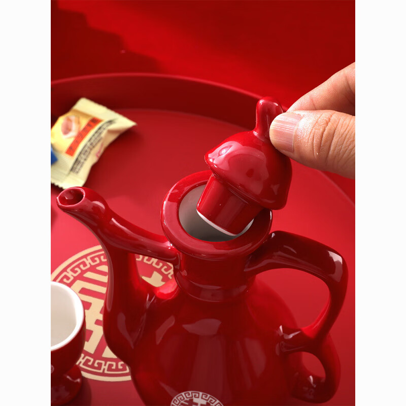 Qinkai Wedding Toast Cup Wedding Banquet Ceramic Wine Pot Chinese Wedding Cup Wine Divider Festive Set Chinese Red Wine Set Gold Bottom Grand Birthday 1 Pot + 2 Cups + Round Tray