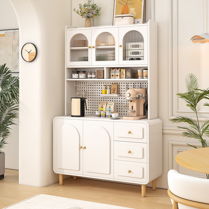 Kongjiang Cream Style Solid Wood Sideboard Integrated Wall Cabinet Living Room Multifunctional Storage Cabinet Perforated Panel Tea Cabinet Wine Cabinet 60*40*190 Creamy White/Embossed Door (Delivered in Home)