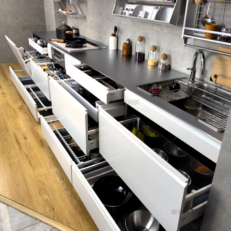 Wen Yijia 304 stainless steel cabinet kitchen stainless steel countertop household simple stove open integral cabinet 3 meter countertop + 3 meter floor cabinet + 1 meter wall cabinet