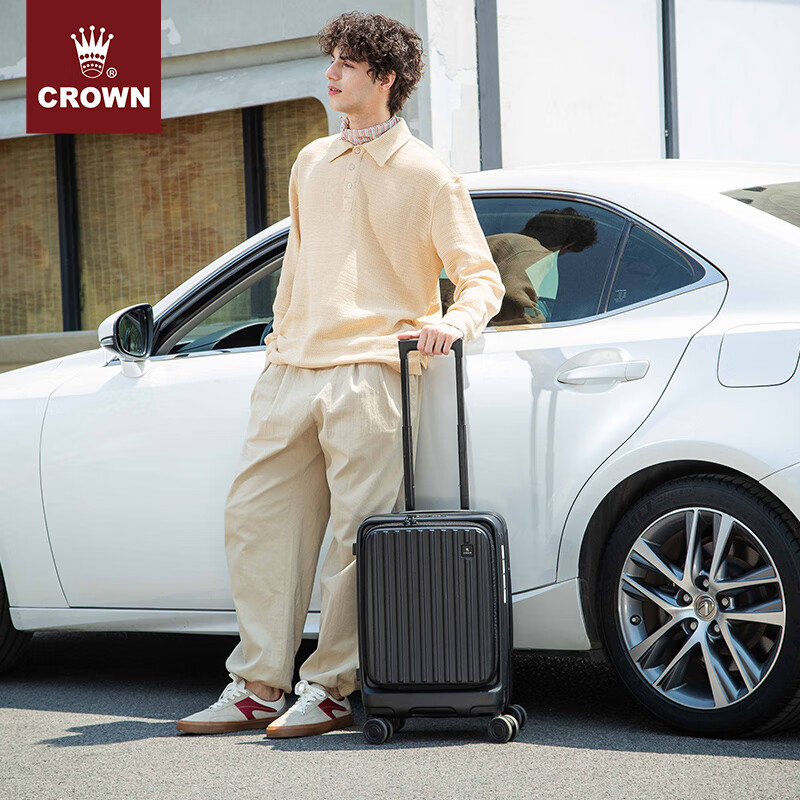 CROWN front-opening suitcase, expandable large-capacity trolley suitcase, eco-friendly suitcase, travel suitcase 5020/5215, black, 20 inches, boardable/expandable by 15%