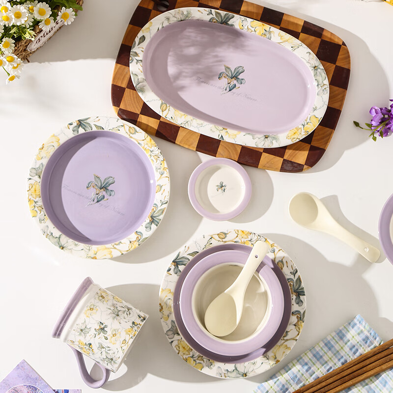 Xiderun underglaze colored iris flower bowl and plate set for home move-in, new home bowl and plate, wedding gift tableware, chopsticks and bowls gift box, 6-piece set for one person - iris flower