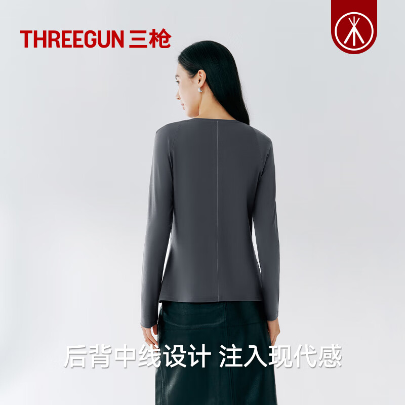 THREEGUN Shanghai Fashion Week Show Style Basic Base Layer Women's 120 Count Long Staple Cotton One-line Collar Long Sleeve Base Layer Dark European Gray M