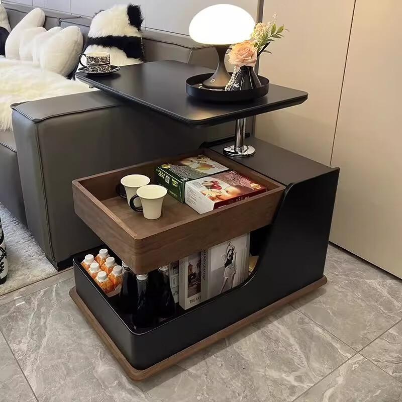 Hantang Yun lifting slate living room side table movable sofa side table bedside cabinet high-end trolley coffee table storage rack 3024 black + walnut color movable