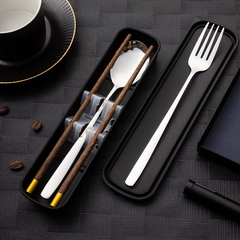 Jiaqi Portable Tableware Chopsticks Spoon Set Student Office Worker Tableware Box Portable Chopsticks Spoon Fork Silver Style - Wooden Chopsticks + Spoon Comes with Box