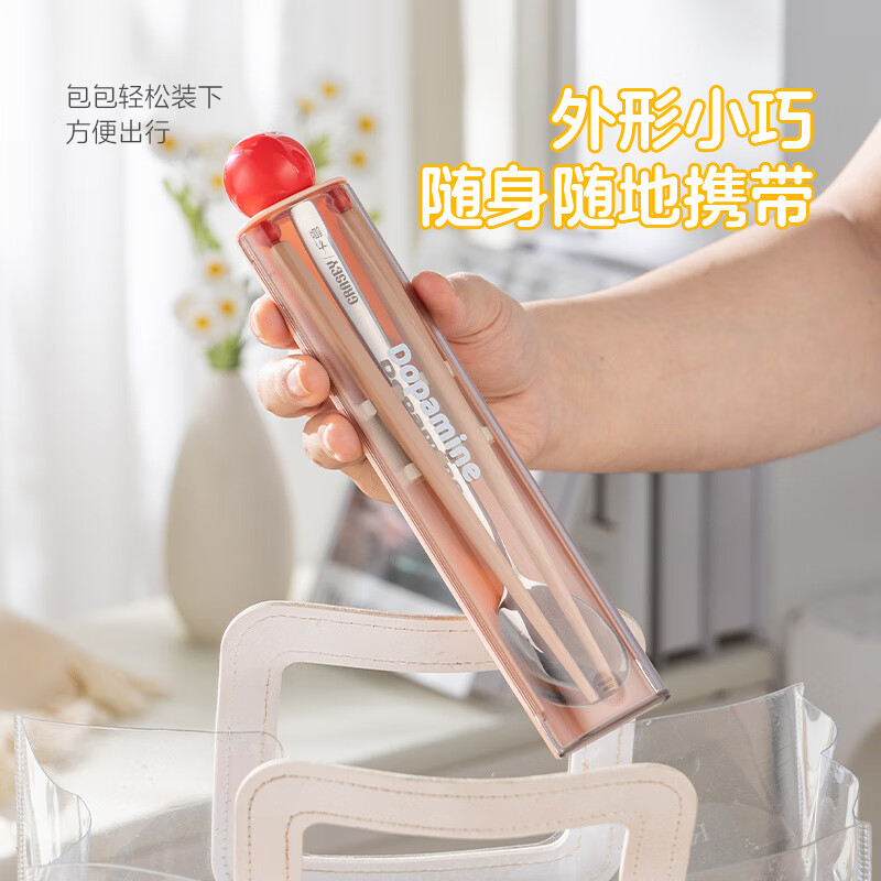 Guangyi Chopsticks and Spoon Set Portable Storage Box for One Person Student Portable Tableware Chopstick Box Single Pack 304 Dopamine Transparent Portable 3-piece Set White