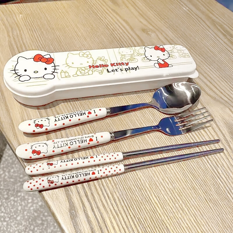 Complete Hello Kitty tableware set, stainless steel fork and spoon, student plastic handle, Hello Kitty chopsticks, KT cat spoon + chopsticks + fork (free box)