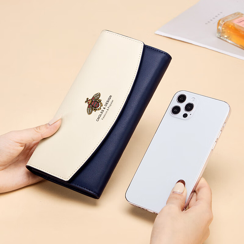 Koyi genuine leather wallet women's long 2025 new card holder all-in-one bag multi-functional coin clutch bag off-white with blue