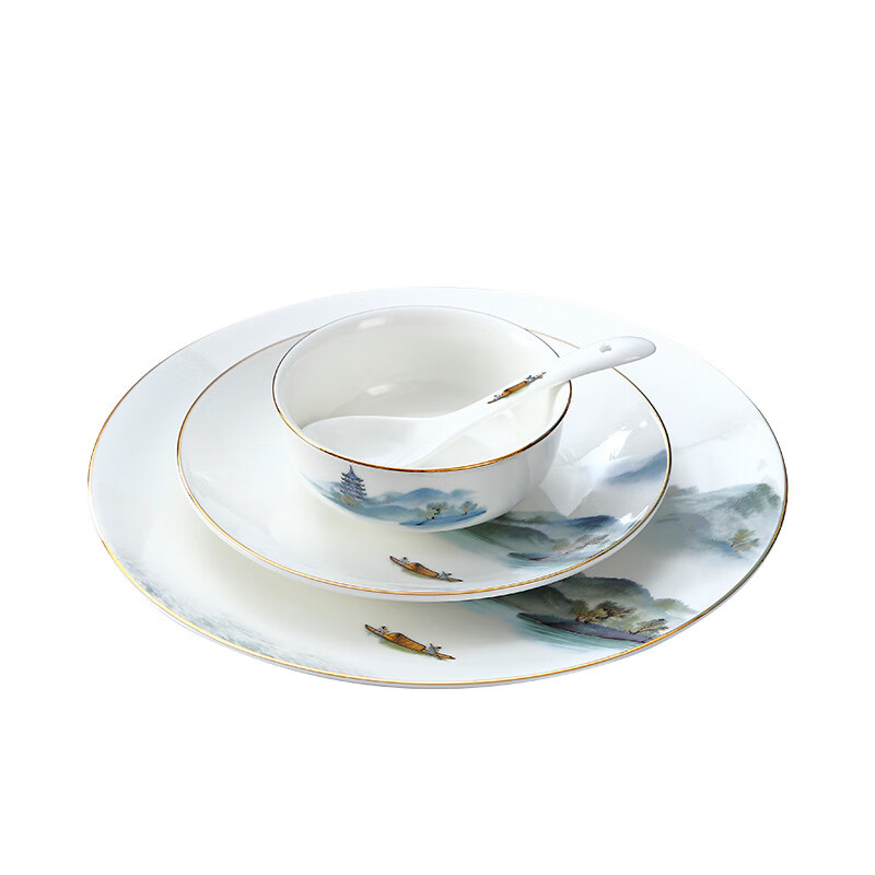 Youmingrui Chinese hotel tableware set, ceramic gold edge five-piece set, hotel eight-piece set, custom logo printing, Tashan Huiying large eight-piece set