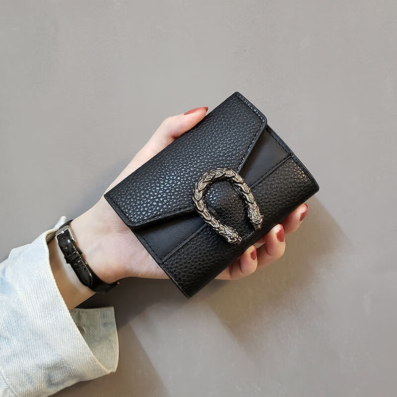 Casa-kupsCKins new European and American solid color Bacchus women's wallet women's short three-fold small wallet women's coin purse card bag leather green (solid color)