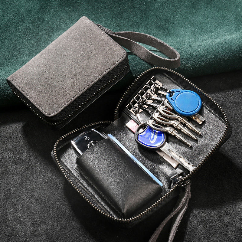 Liyou high-end quality key bag storage bag men's multifunctional genuine leather large capacity women's waist hanging cowhide household storage bag (80% buy) suede leather zipper key bag - black