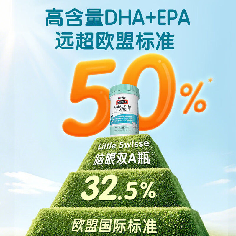 Swisse Children's DHA+EPA Algae Oil Lutein Soft Capsules 30 capsules, suitable for babies over three years old, double A bottle for brain and eyes, two bottles, double A bottle for eyes and brain, 30 capsules