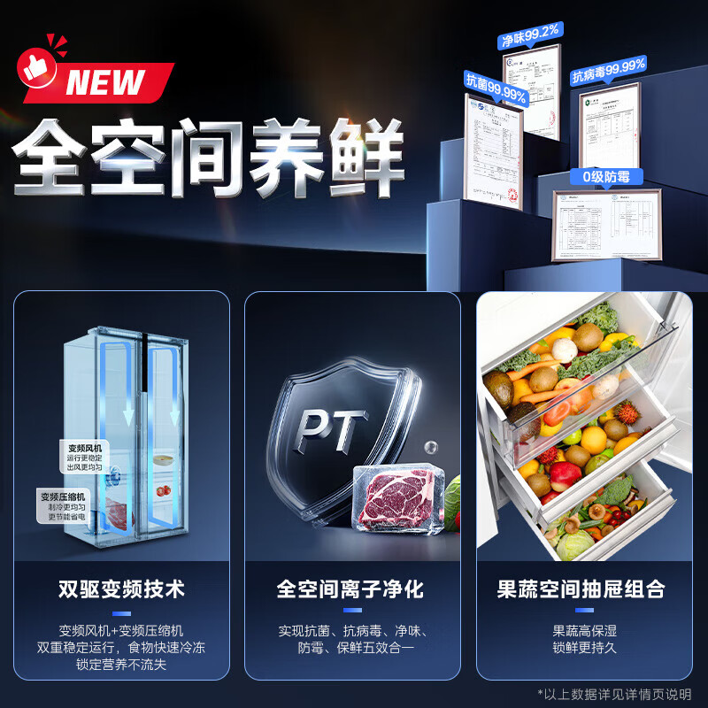 Midea M60 series 643 variable frequency first-level energy efficiency side-by-side door refrigerator household smart dual-system frost-free and odor-free ultra-thin bottom-embedded heat dissipation national supplement (supports Hongmeng Zhilian) MR-643WUKGPZE