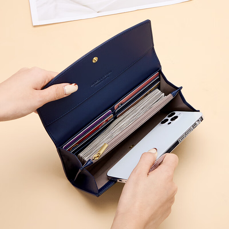 Koyi genuine leather wallet women's long 2025 new card holder all-in-one bag multi-functional coin clutch bag off-white with blue