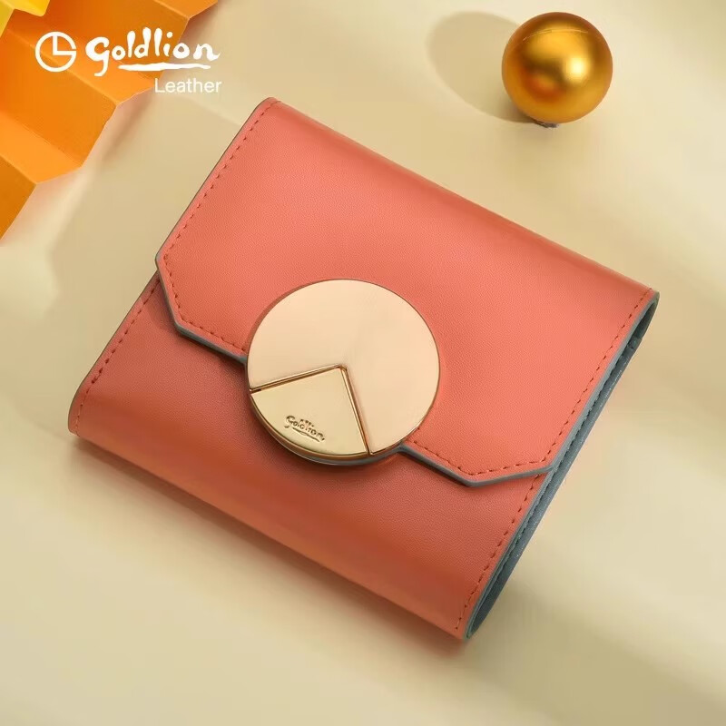 Goldlion Wallet Women's Short 25 New Style Fashion Ticket Clip Genuine Cowhide Large Capacity Multifunctional Women's Wallet Trendy Orange