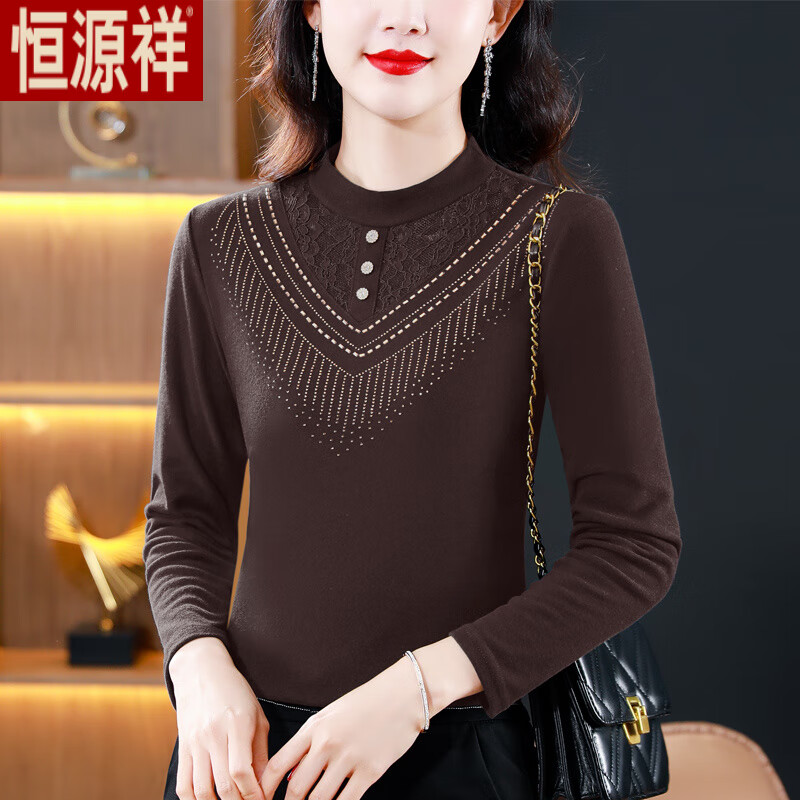 Hengyuan Xiangde velvet bottoming shirt for women 2025 new style middle-aged mother fashionable inner plus velvet thickened large size top t-shirt autumn and winter burgundy double-sided velvet warm thickened L recommended 100-115 pounds