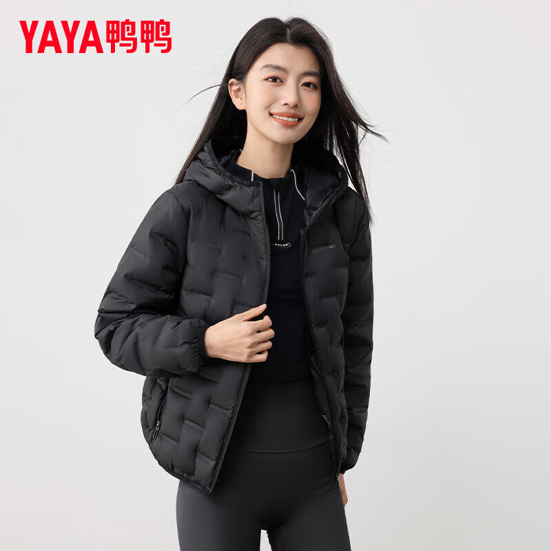 YAYA Lightweight Down Jacket Women's Short 2025 Autumn and Winter New Fashion Casual Hooded Versatile Warm Jacket KL Black M