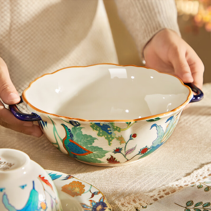 Black ceramic double-ear soup bowl household large rice bowl high-looking large bowl noodle soup bowl snail rice bowl original household soup rice bowl