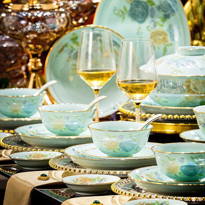 Yitongtang Chinese light luxury underglaze color Jingdezhen celadon tableware complete set of bowls and plates household ceramic set dishes housewarming gift suitable for microwave oven | leather suitcase | 60-piece set