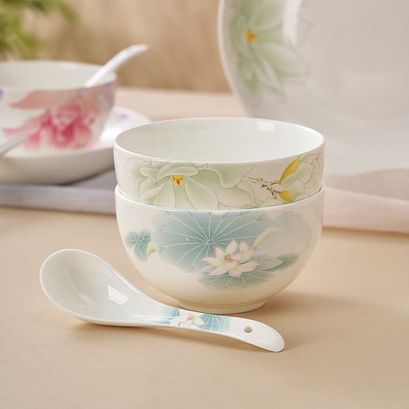 Huaguang bone china bowl set, Chinese ceramic bowl, plate and tableware set, lead-free cadmium antibacterial glaze, 8-piece tableware, Huahaoyueyuan, 8-piece