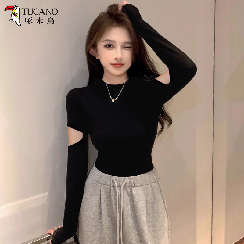 Woodpecker small turtleneck long-sleeved T-shirt for women in autumn with hollow design knitted slim-fitting bottoming shirt top, black L